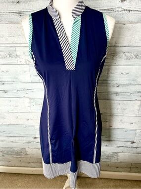Kinona Navy Dress with Black-and-White and Mint-Striped Trim